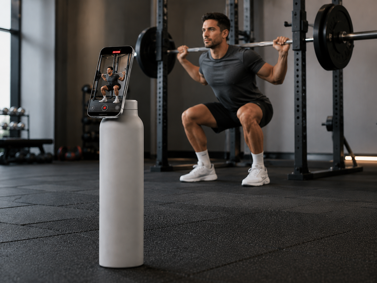 MagMount gym bottle with a phone mounted on the lid filming a man performing a barbell back squat hands-free