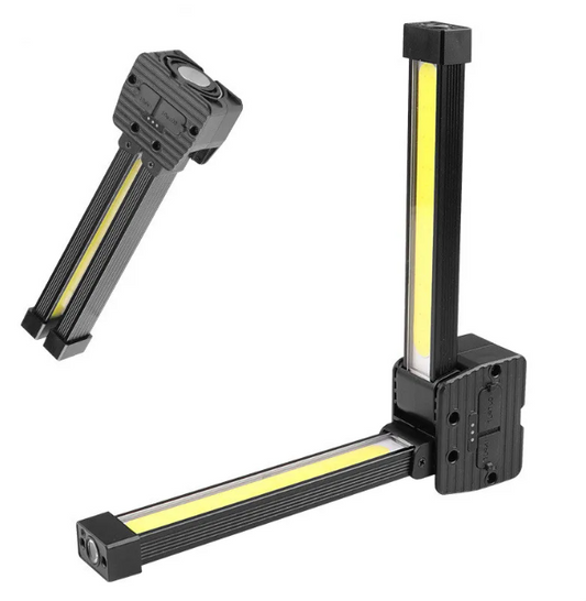 Black ProperFit GymLight folding magnetic gym light shown from two angles with its dual COB light panels extended on articulating arms