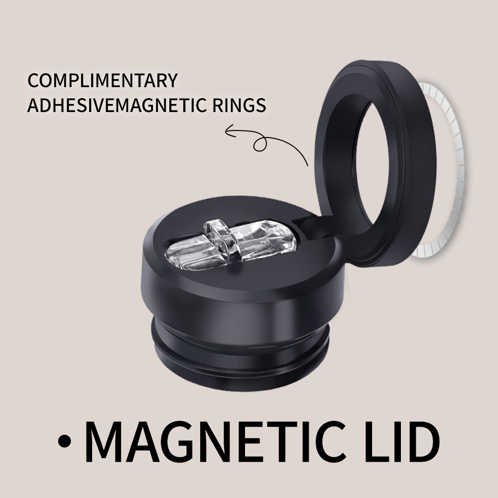 Close-up of the MagMount magnetic lid with included complimentary adhesive magnetic rings for MagSafe phone mounting