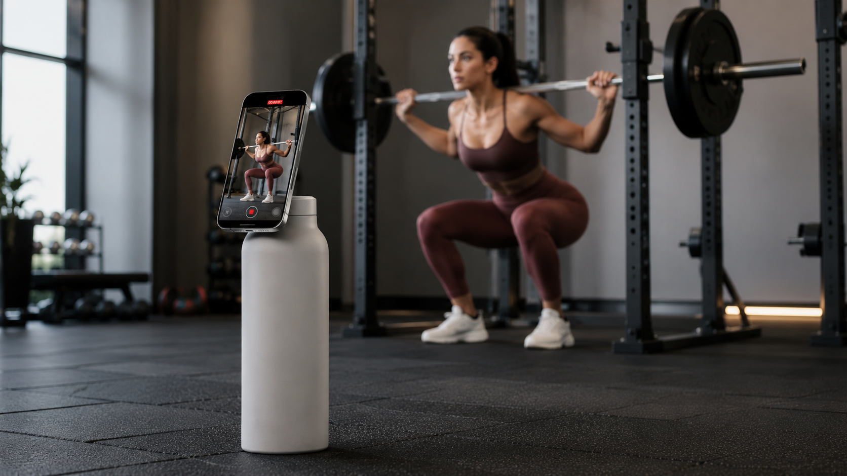 White MagMount gym bottle on a gym floor with a smartphone clipped to its lid, filming a woman doing a barbell squat hands-free