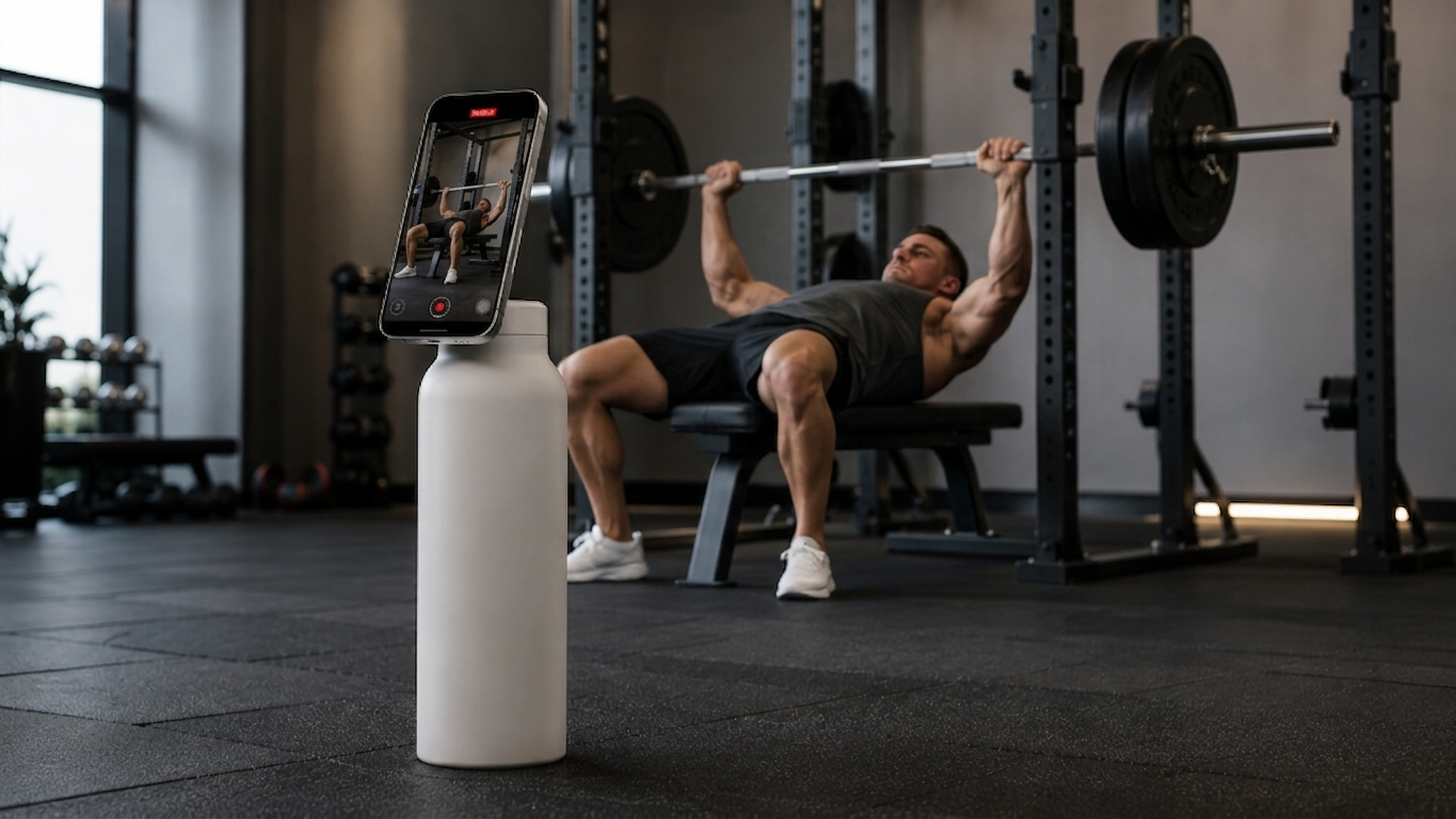 MagMount water bottle holding a phone to film a man bench pressing in a gym, hands-free workout recording
