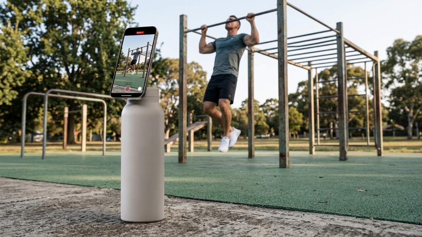 MagMount bottle with a smartphone mounted on the lid filming a man doing pull-ups at an outdoor calisthenics park
